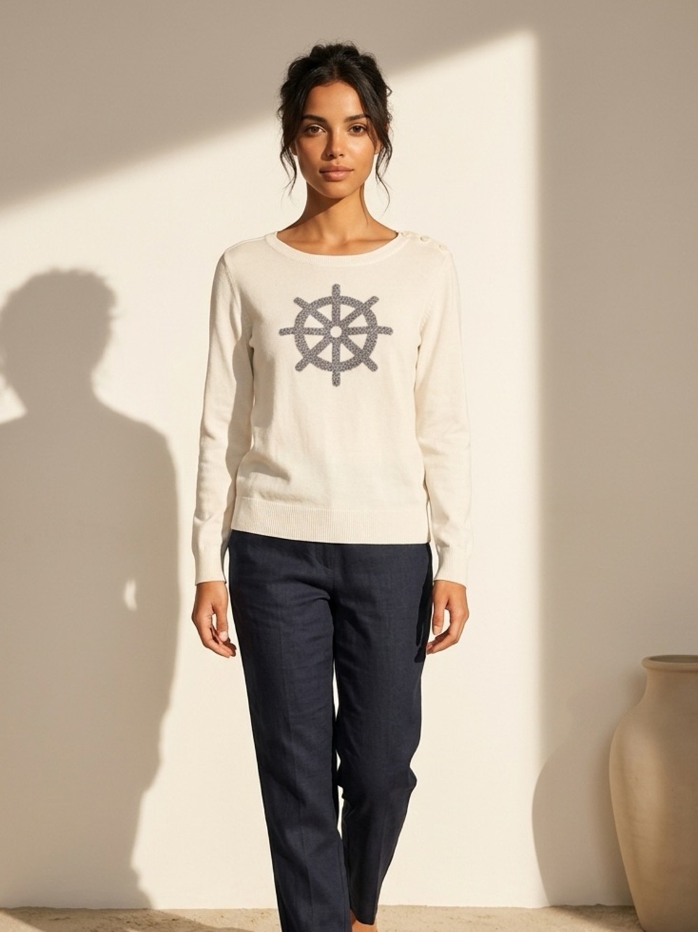 Cream Long-Sleeve Pullover with Navy Wheel Motif